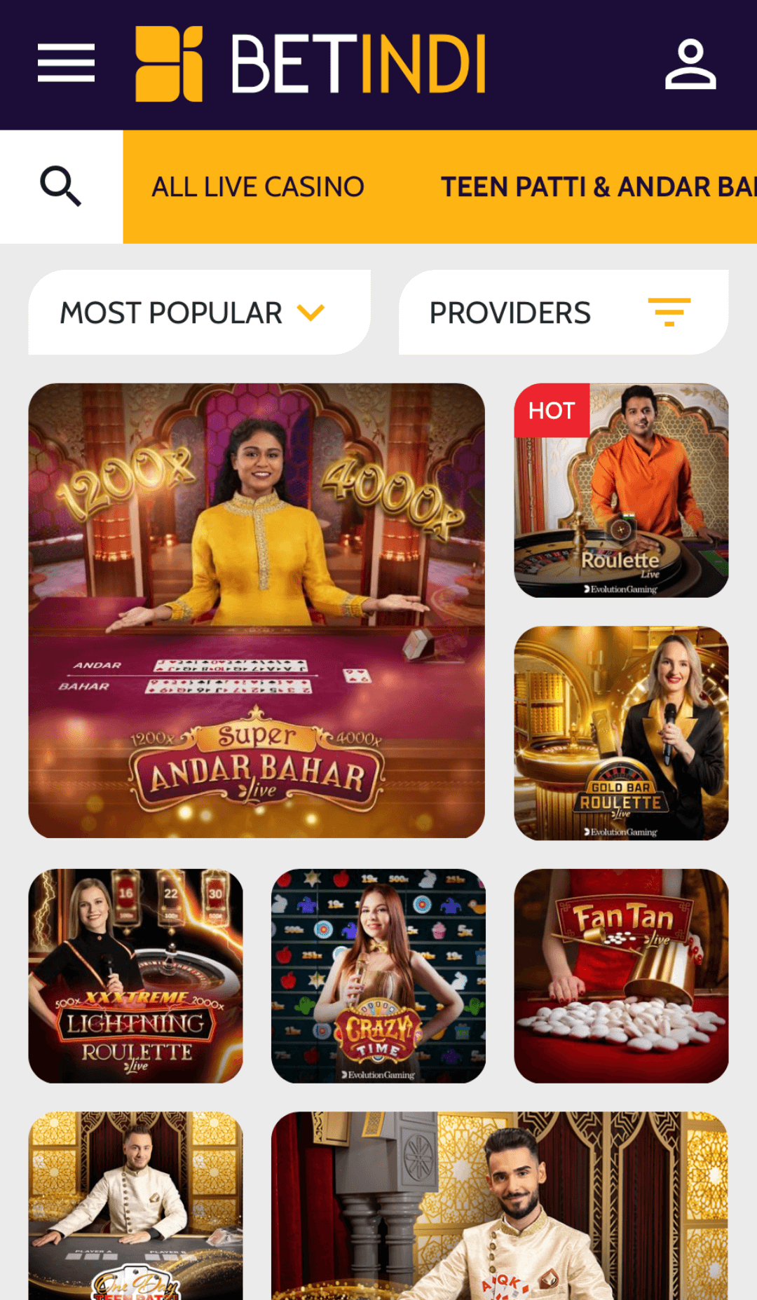 Live casino in Betindi app will allow you to play a variety of gambling games with live dealers