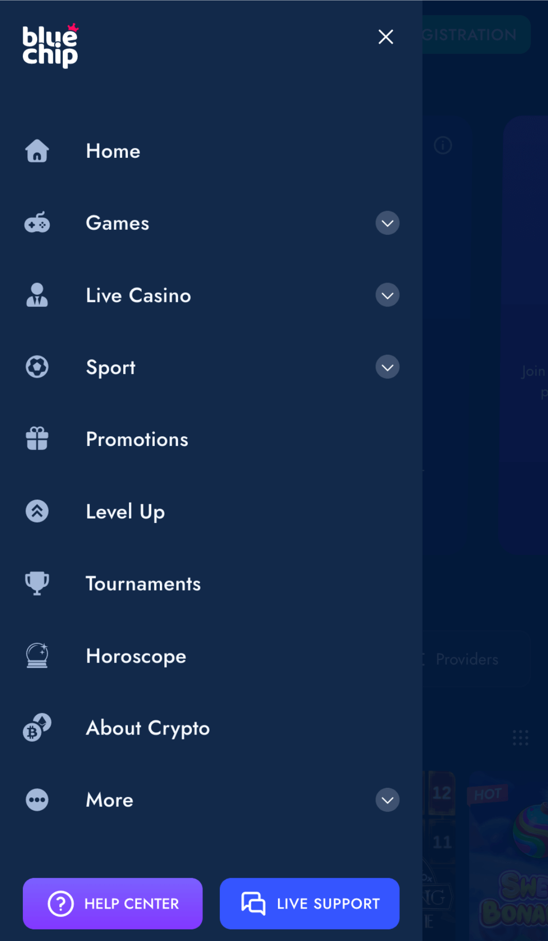 The main menu in the Bluechip app provides quick access to the main sections