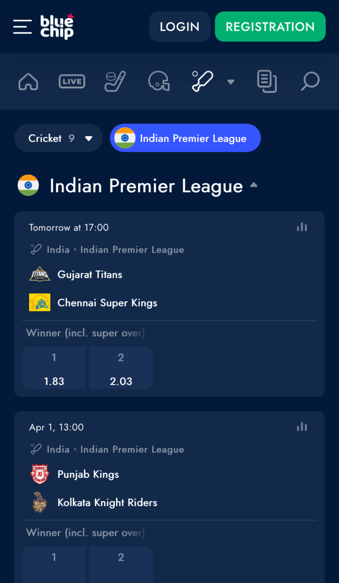 In the Bluechip mobile app, you can bet on the IPL