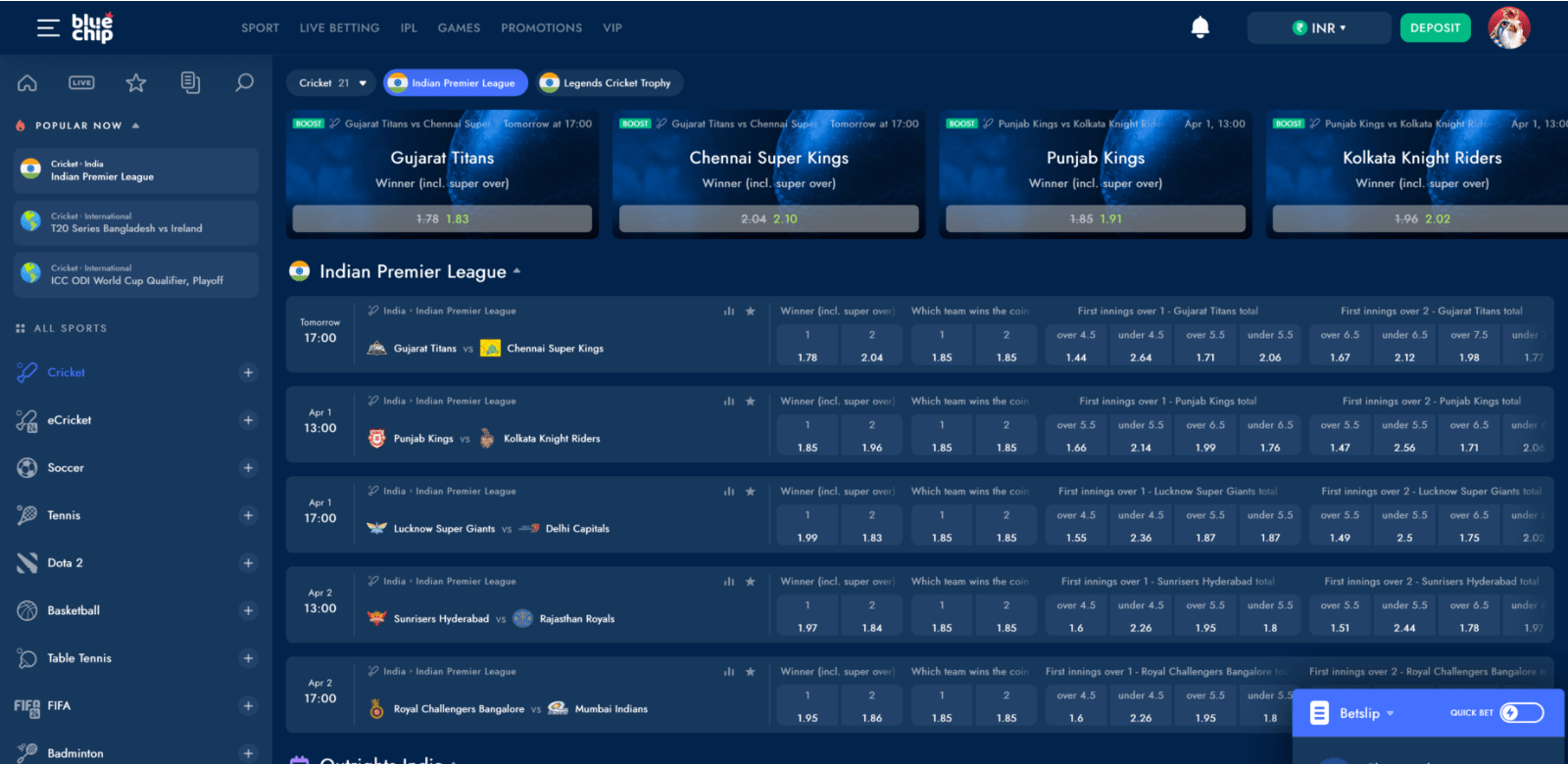 Indian users can bet on IPL matches on the Bluechip platform