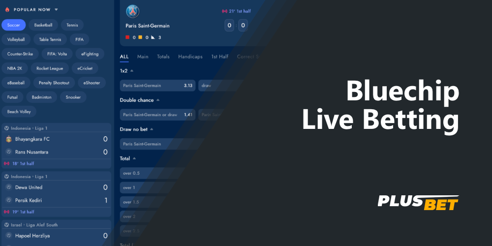 In the Live Betting section of Bluechip, only the matches currently taking place are available