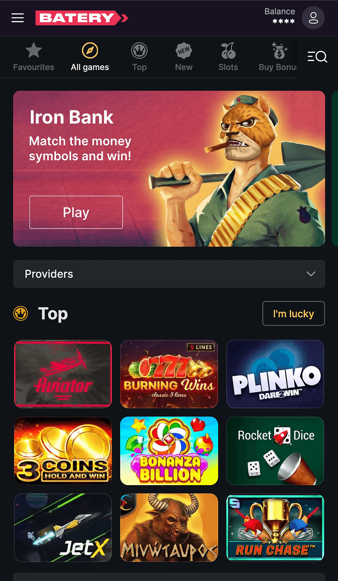 The online casino section of the Batery app contains a huge collection of licensed games
