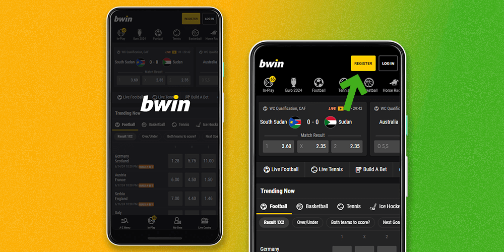 To register on the Bwin app you need to click on the registration button on the home page