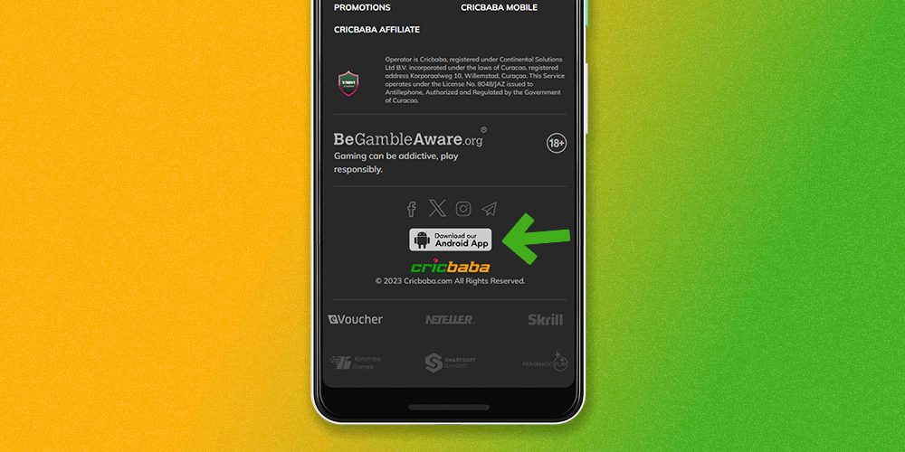 Scroll down to the footer on the website and tap the download button for the Cricbaba mobile app
