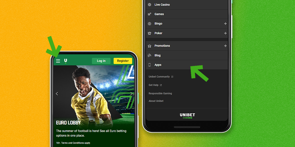 Go to the menu on the Unibet website, find the app download button and click it