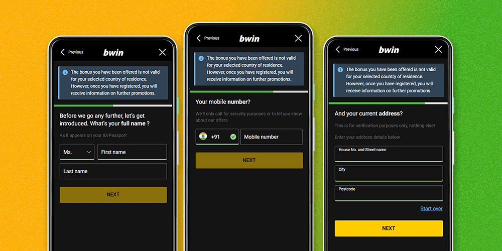 To register on the Bwin app, enter all the required information in the fields