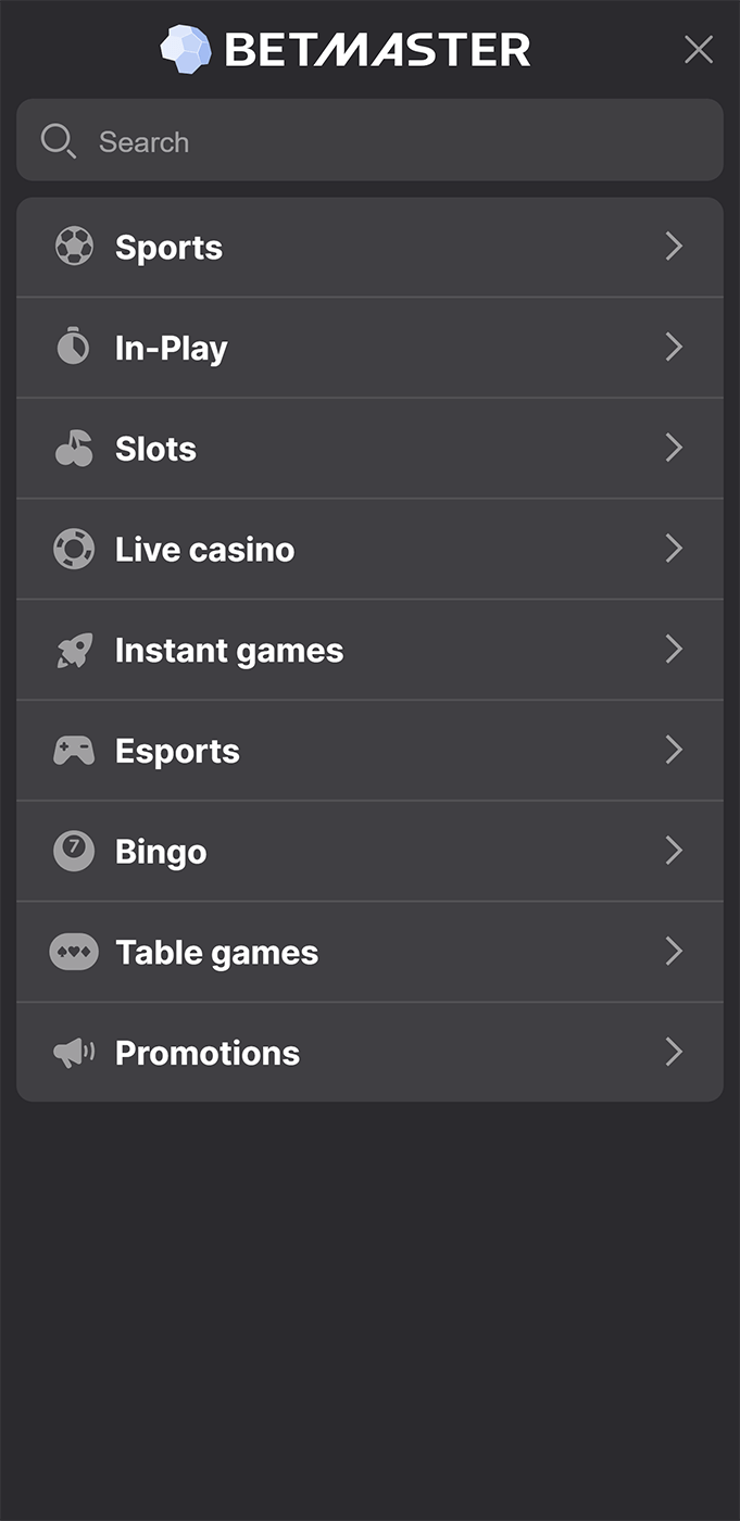 Betmaster mobile app menu