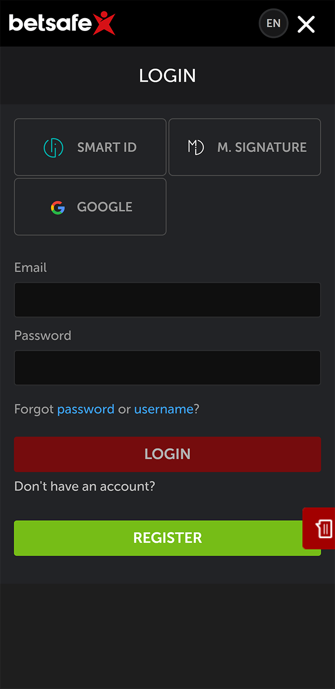 Betsafe application personal cabinet login page