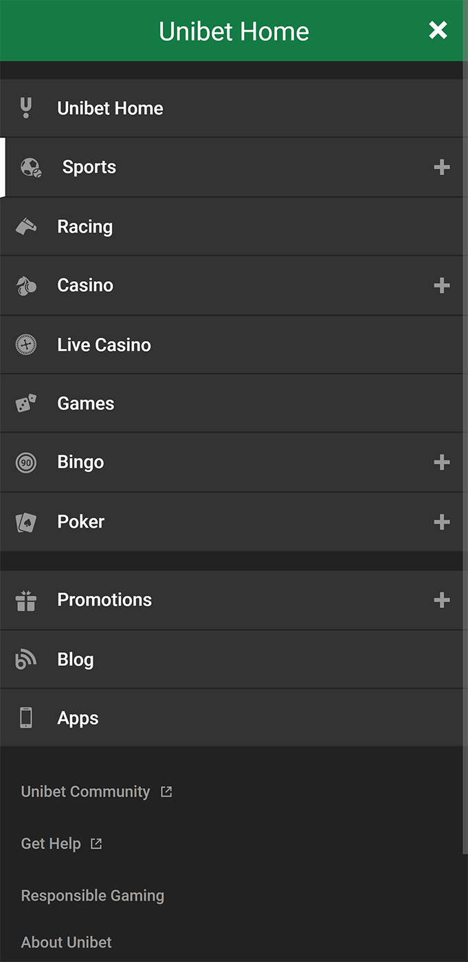 Unibet mobile app menu