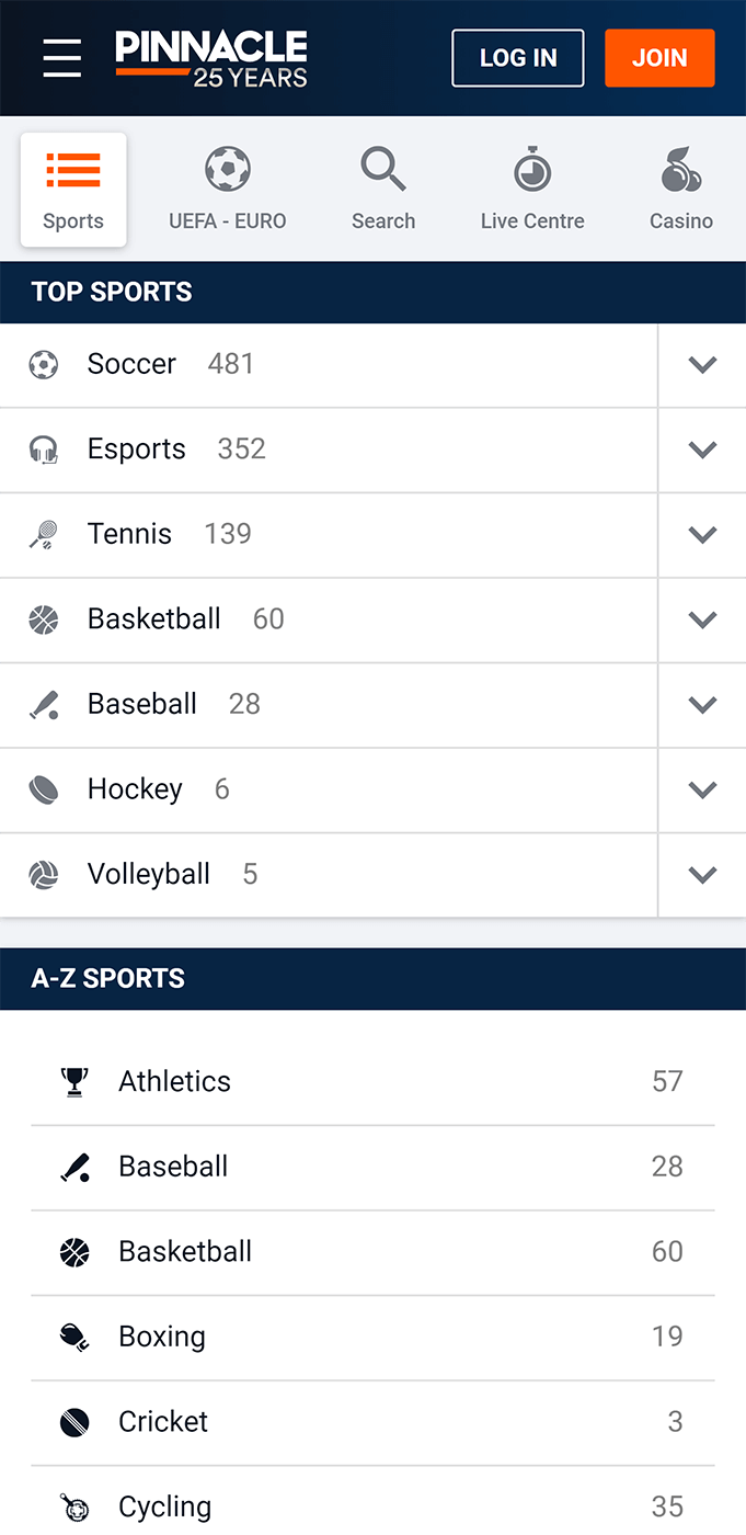 Sports menu on the Pinnacle app