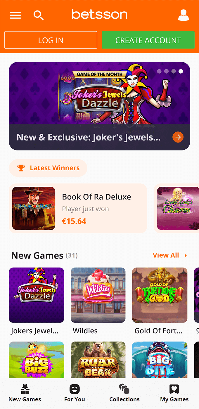 Casino section in Betsson app
