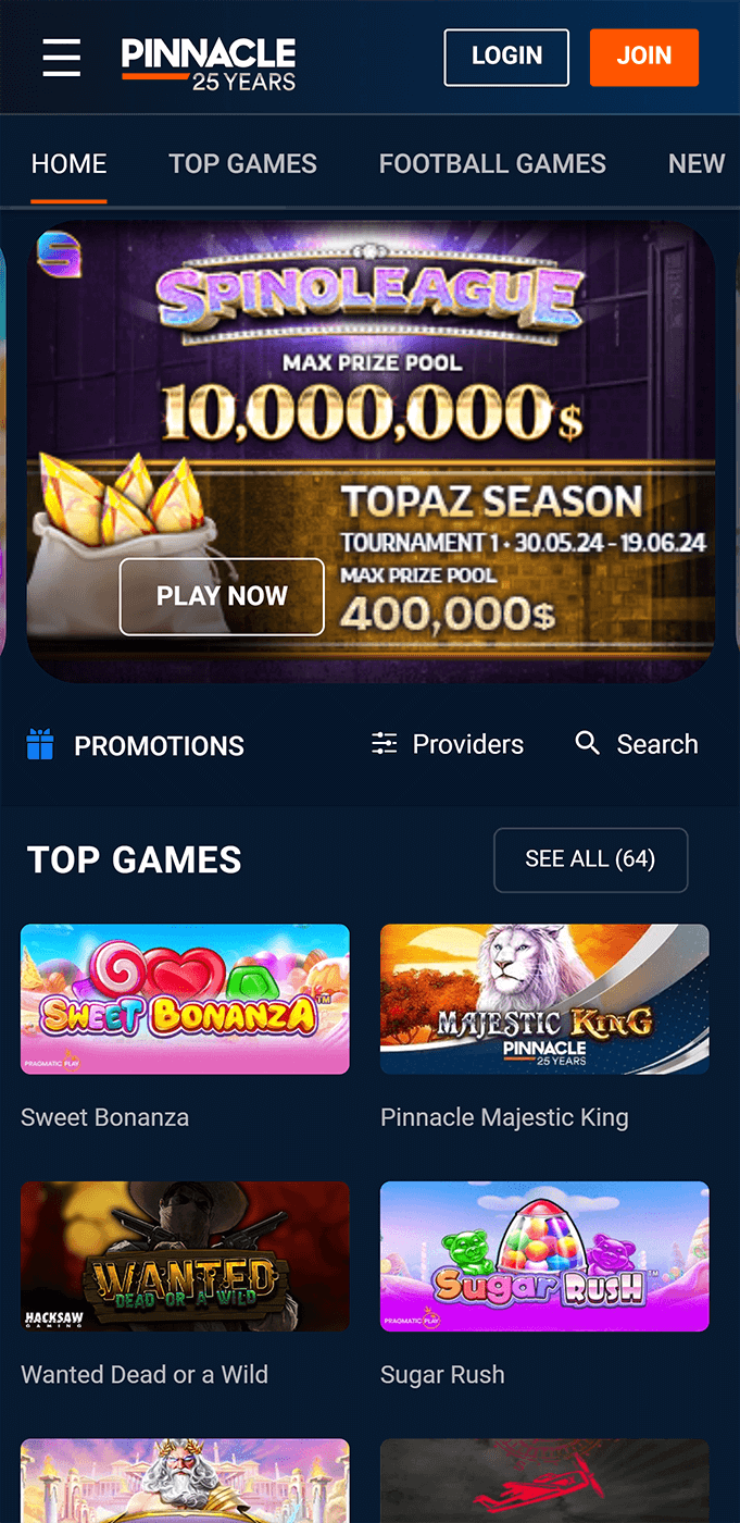 Casino section of the Pinnacle app