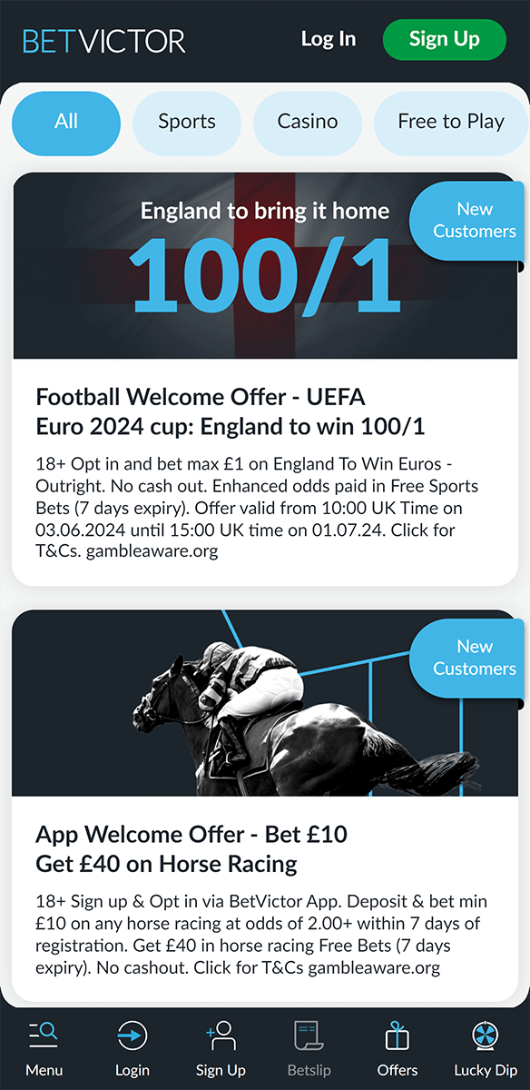 Casino section in the Betvictor app