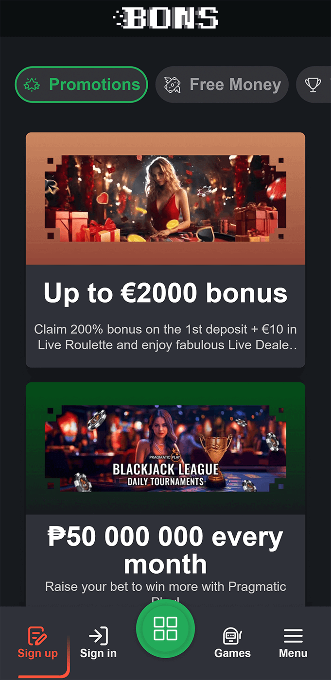 Section with live dealers in Bons app
