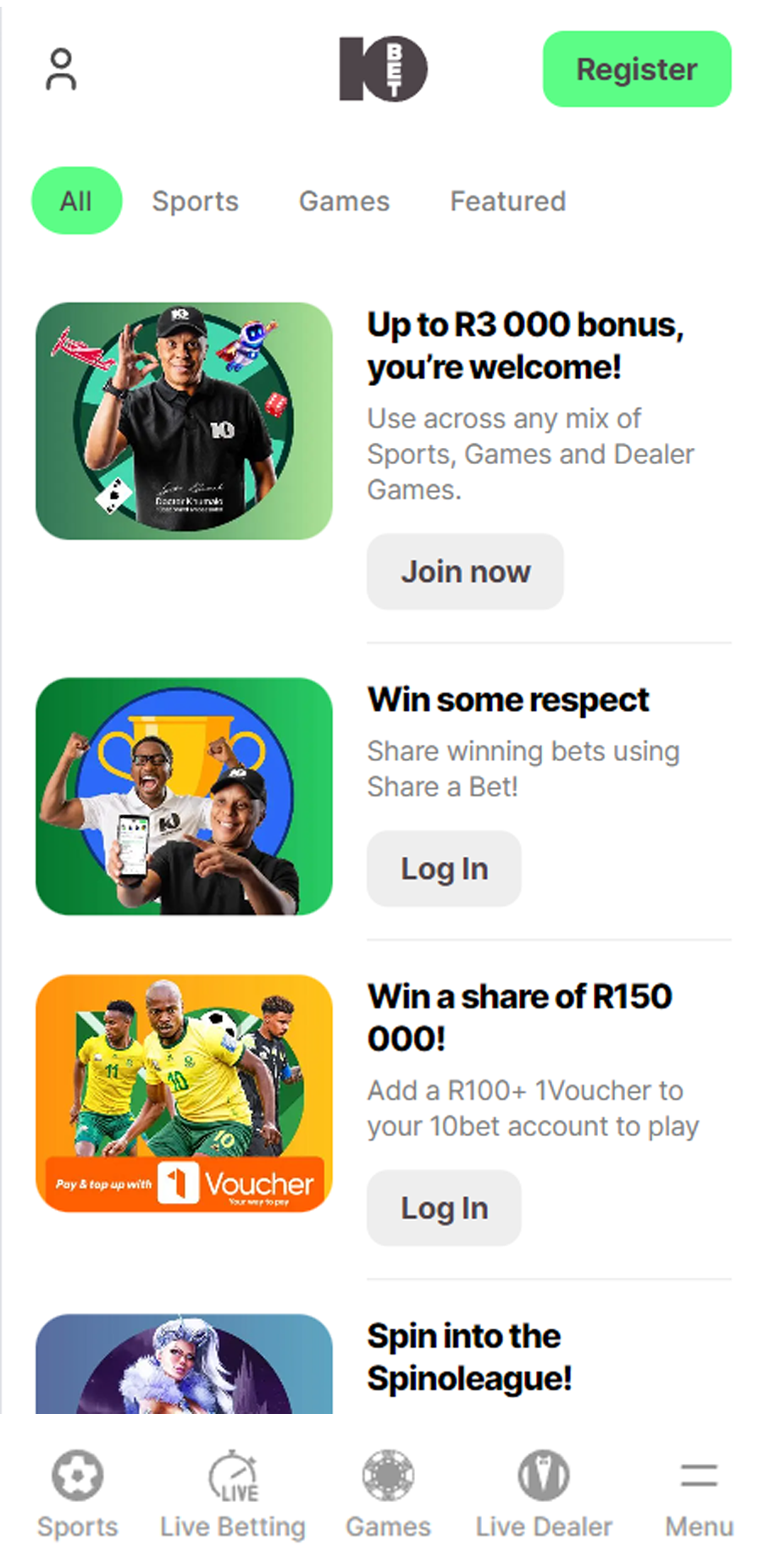 Promotions section in 10bet app