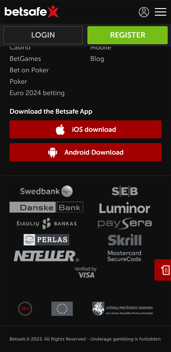 Footer of Betsafe mobile app