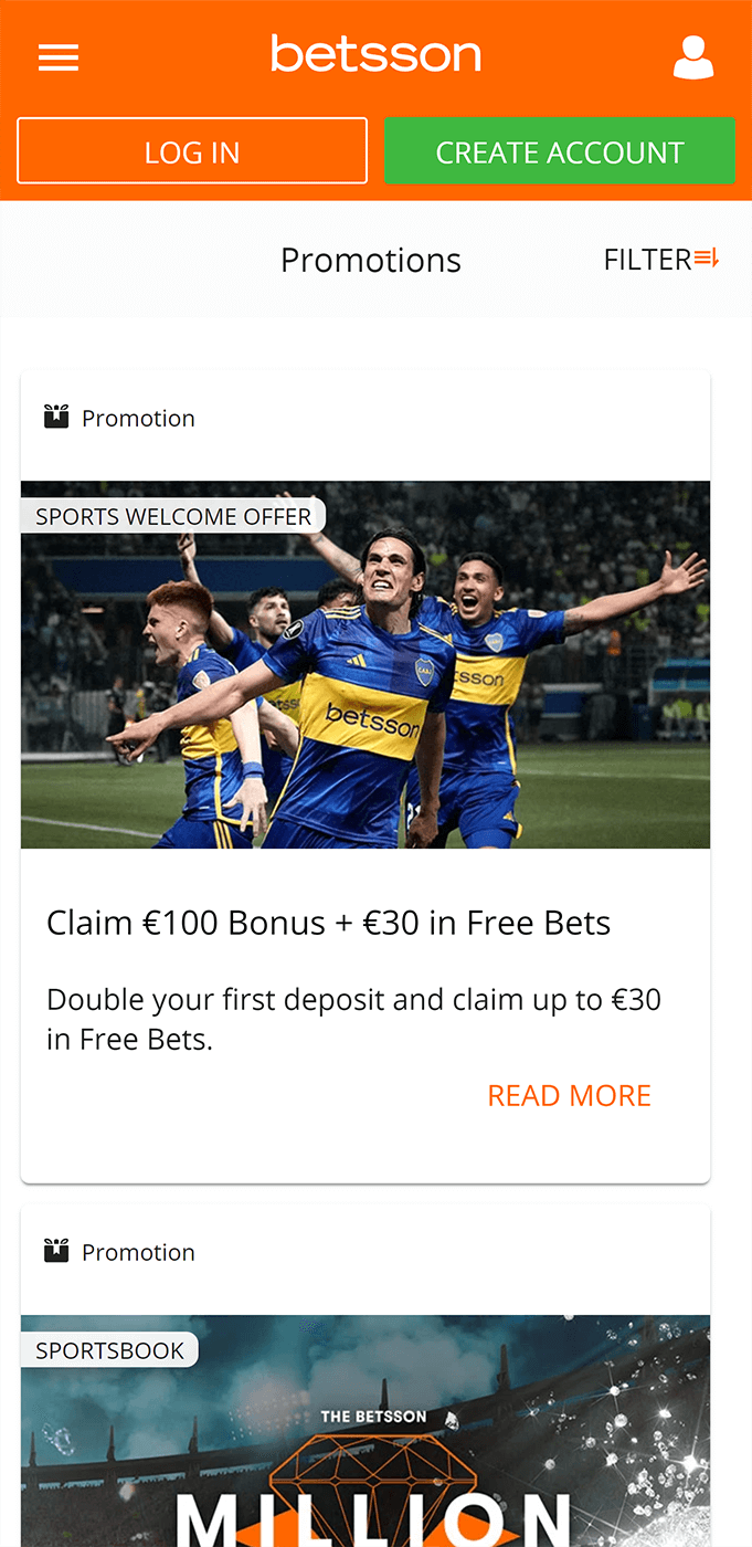 Promotions section in Betsson app