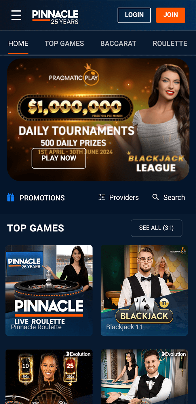 Live Dealers section of the Pinnacle app