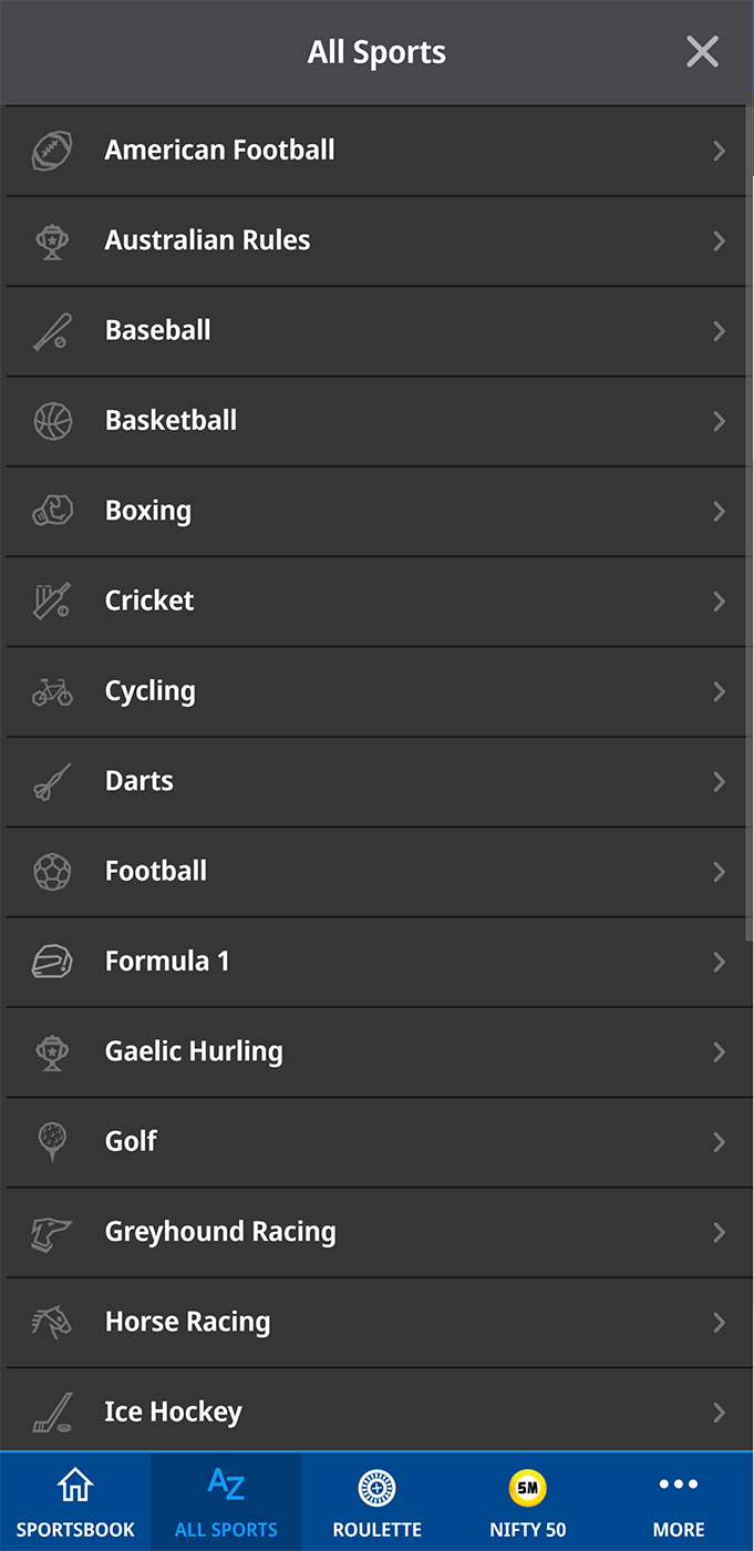 Sports Disciplines Menu in the Betfred App