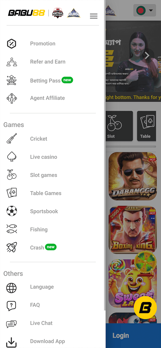 Babu88 mobile app menu