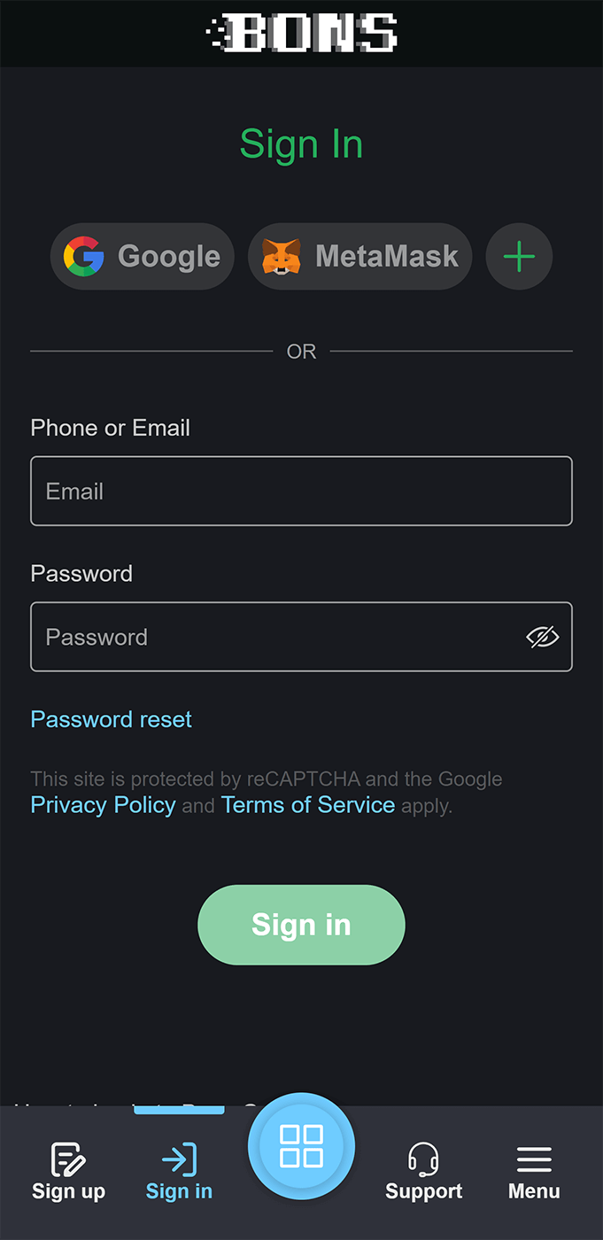 Bons personal cabinet login page