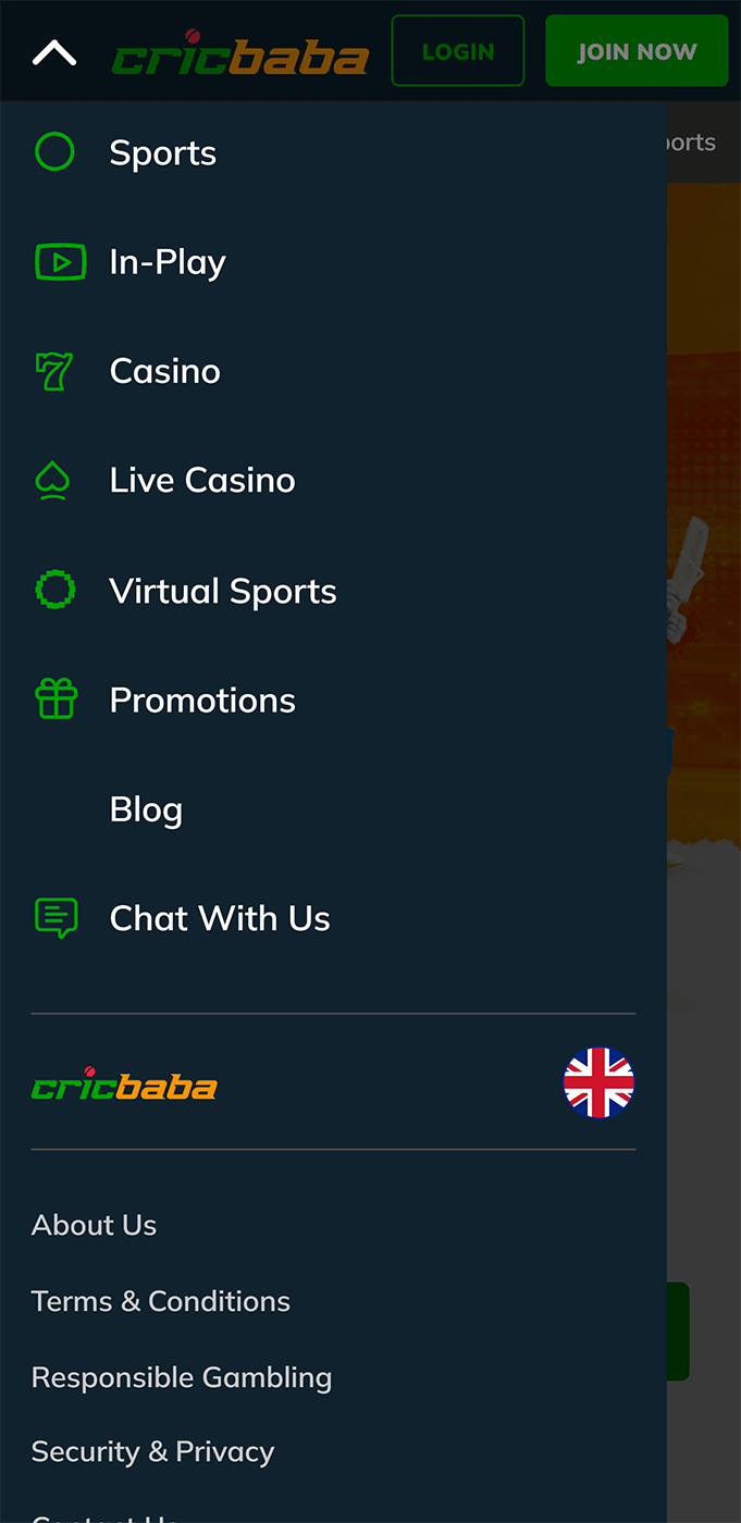 Cricbaba mobile app menu