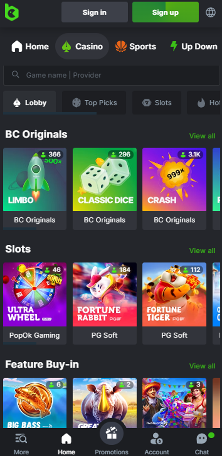 Casino section in the BC.Game app