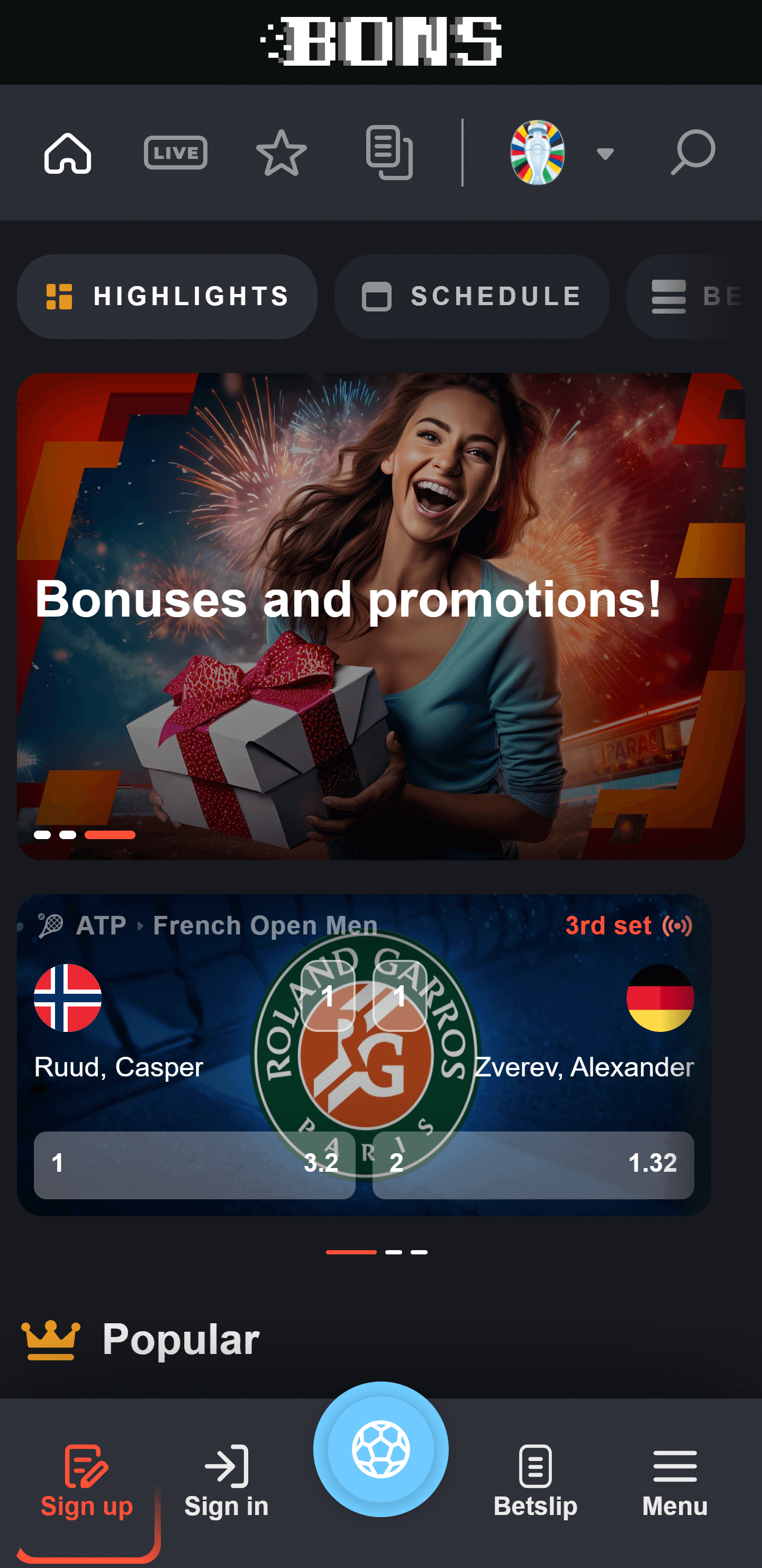 Sports betting section in the Bons app