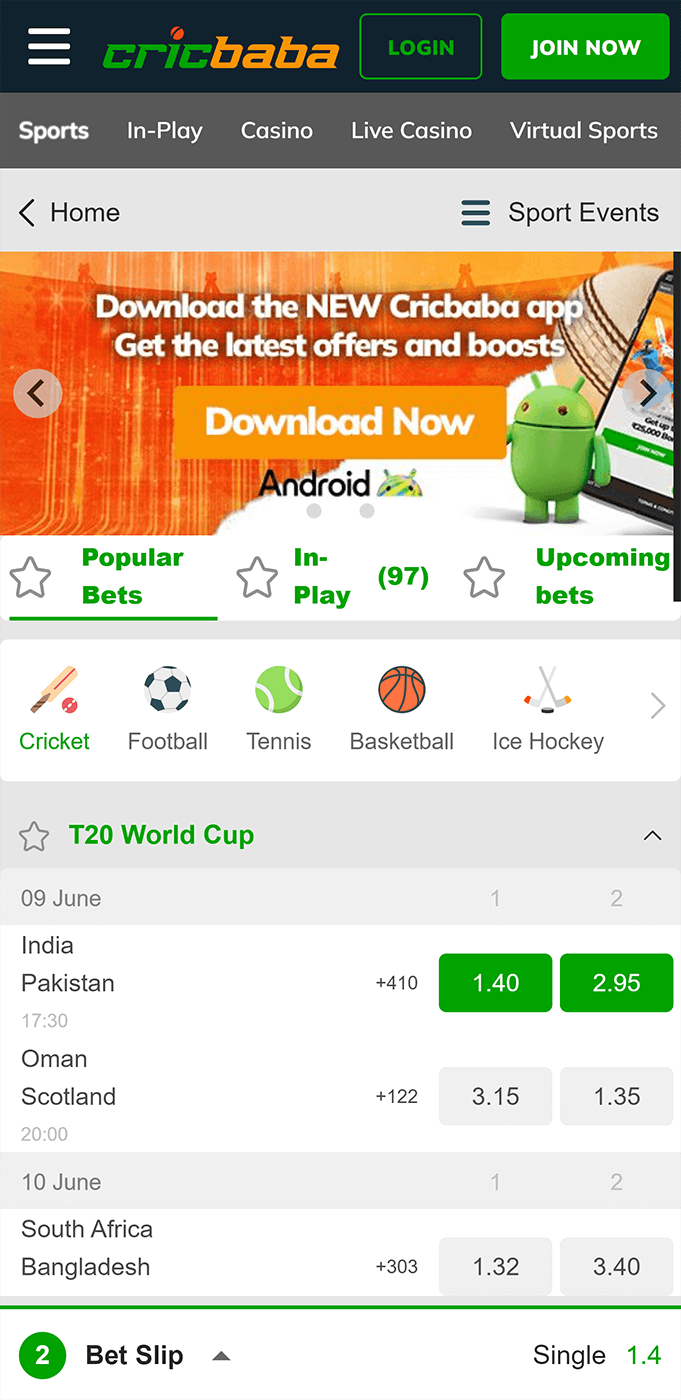 Sports betting section in the Cricbaba app
