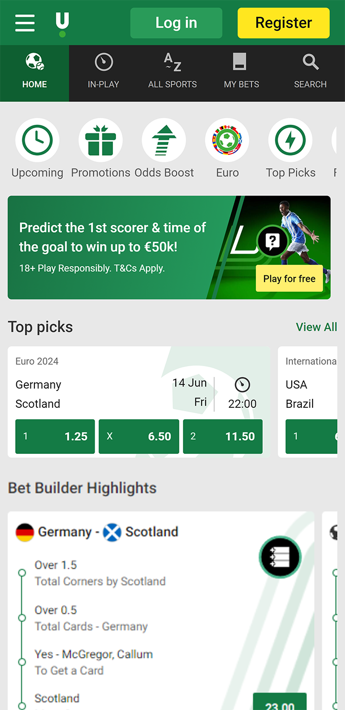 Sports betting section on the Unibet App