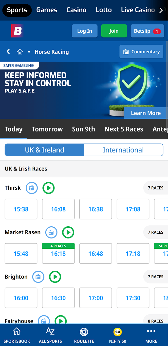 Horse Racing Betting Section in Betfred App