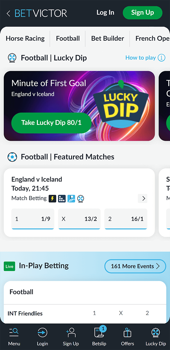 Sports betting section in the Betvictor app