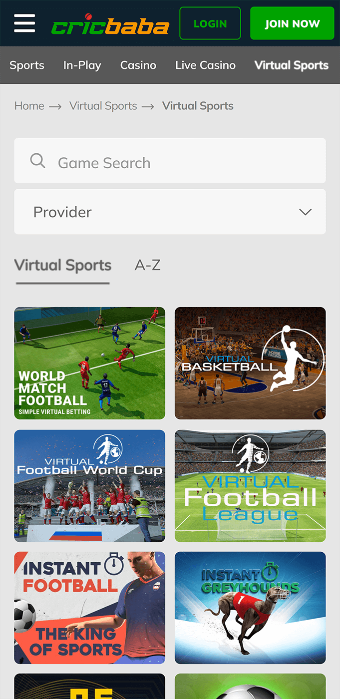 Virtual sports section in the Cricbaba app