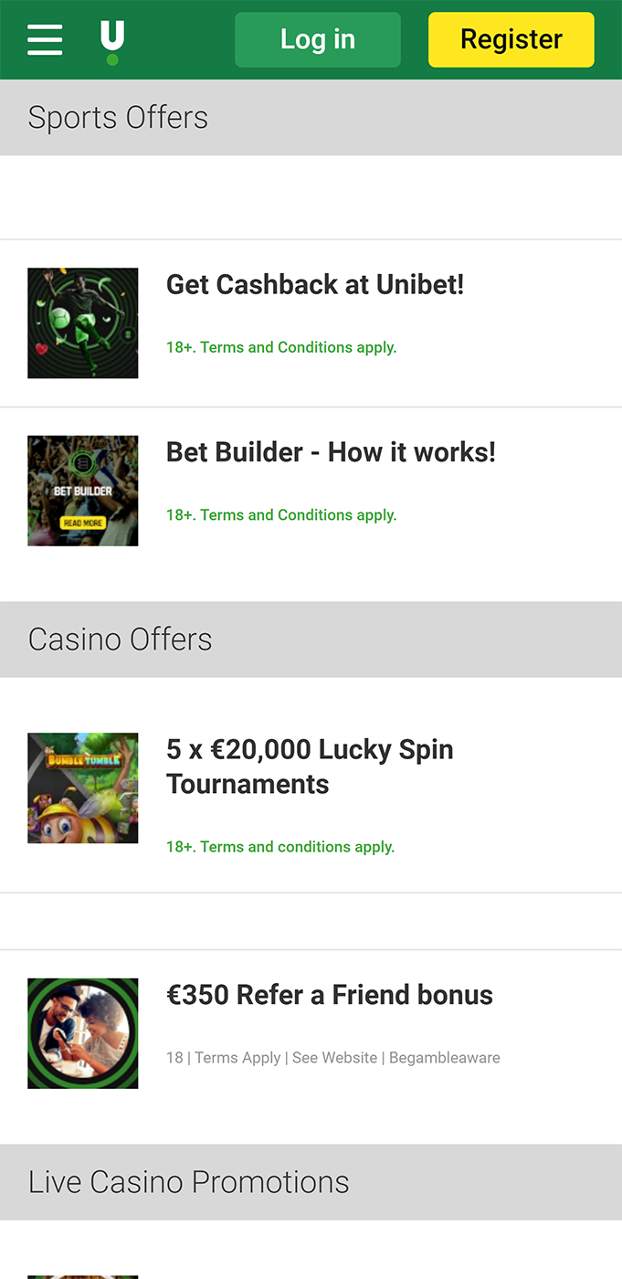 Promotions section in the Unibet app