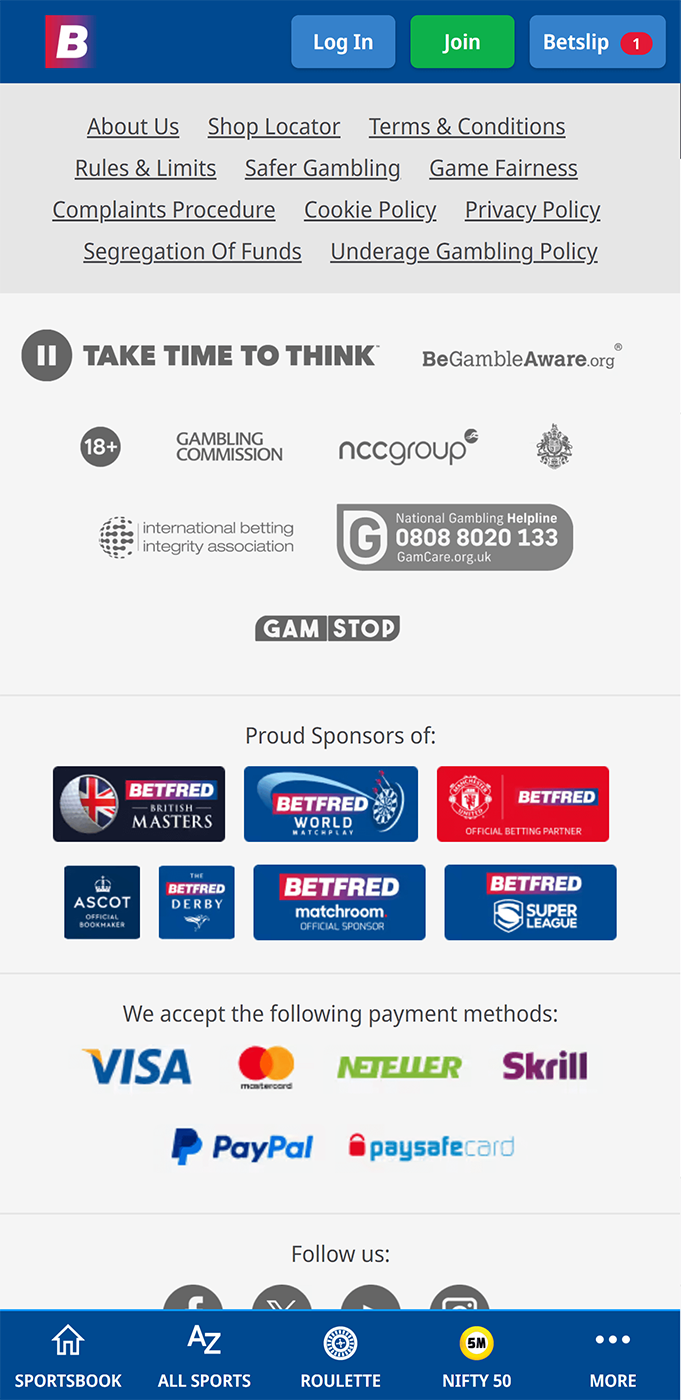 Footer of Betfred mobile app