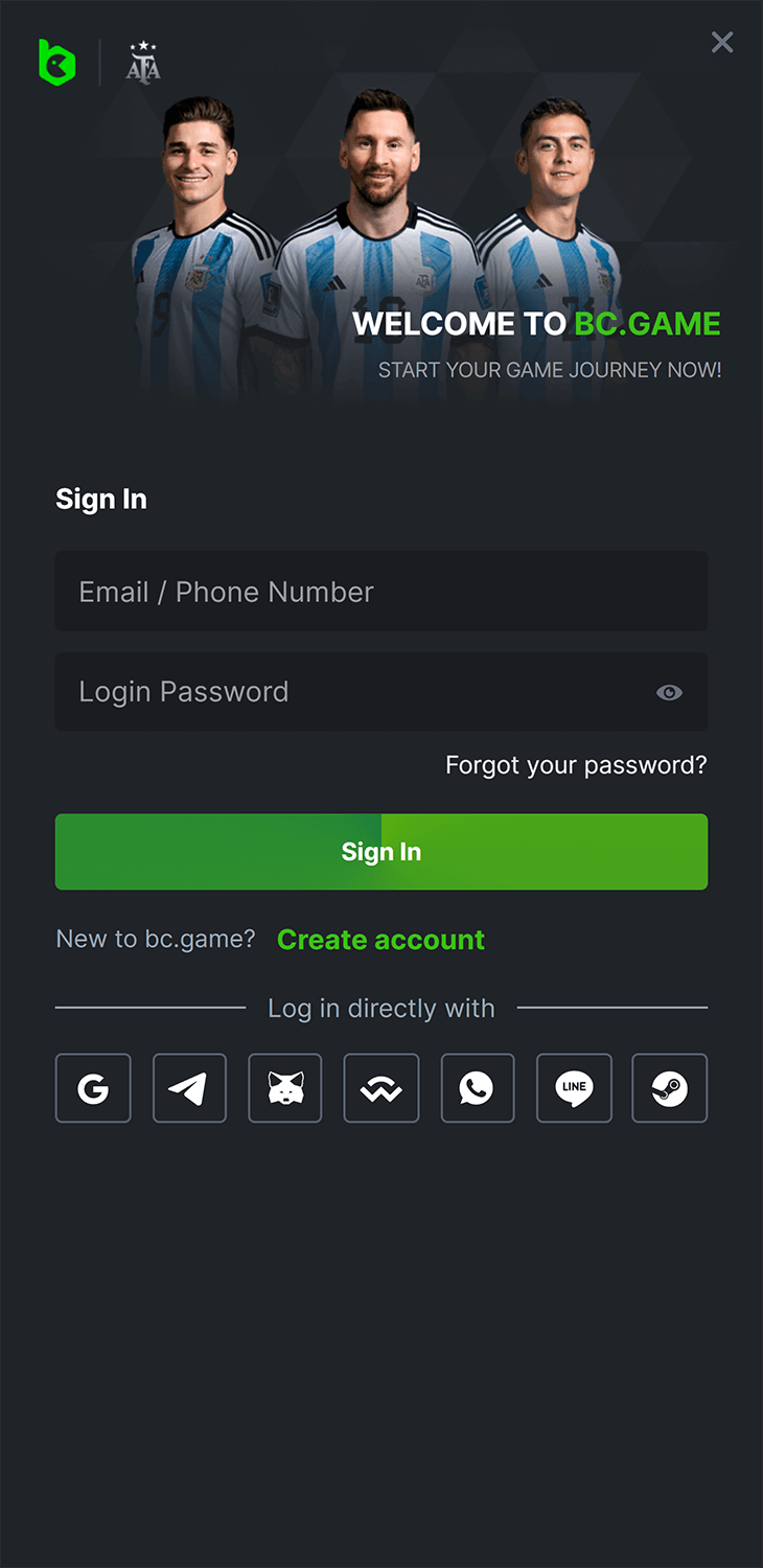 BC.Game app account login page