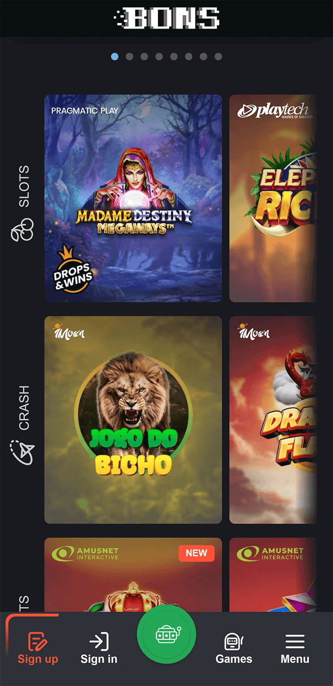 Casino section in the Bons app