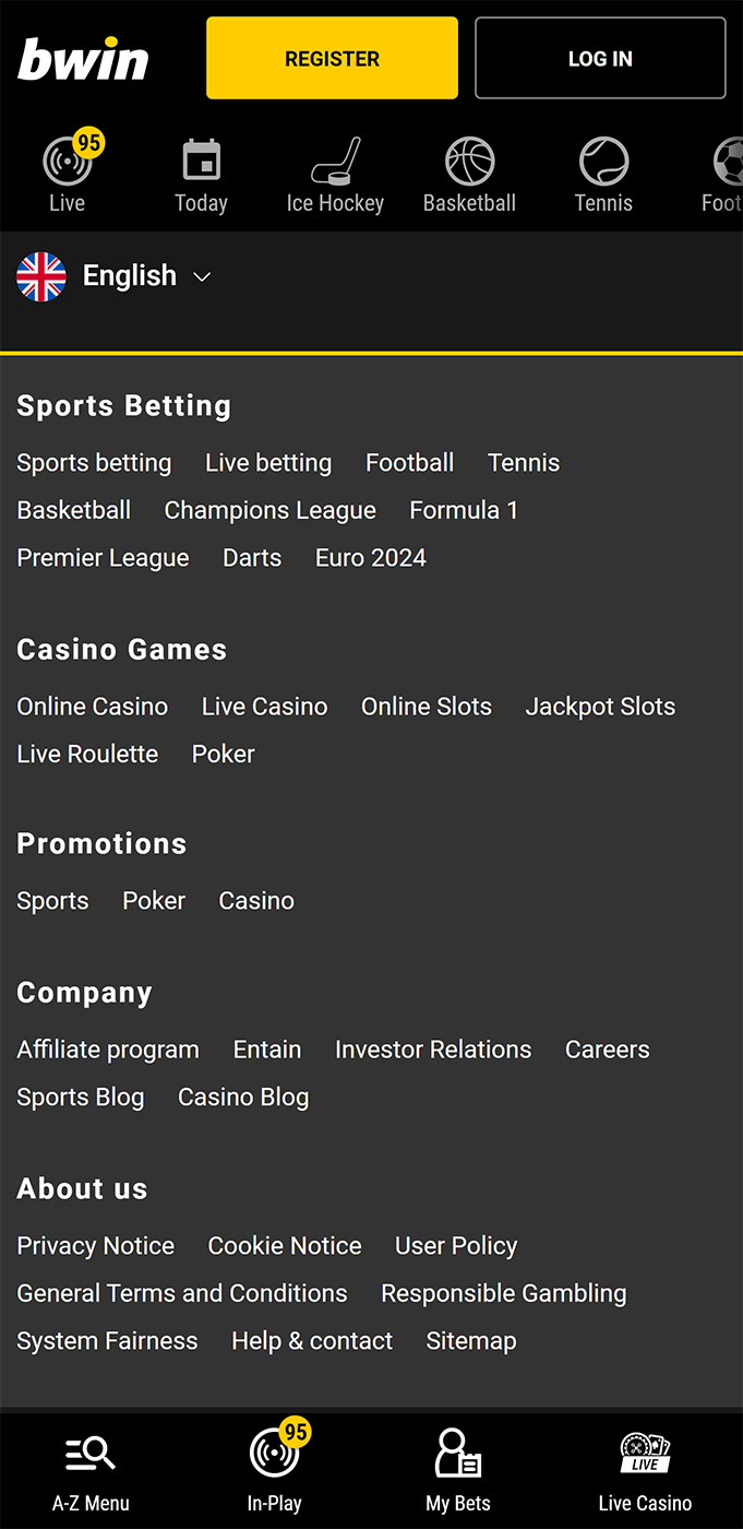 Footer of the Bwin mobile app