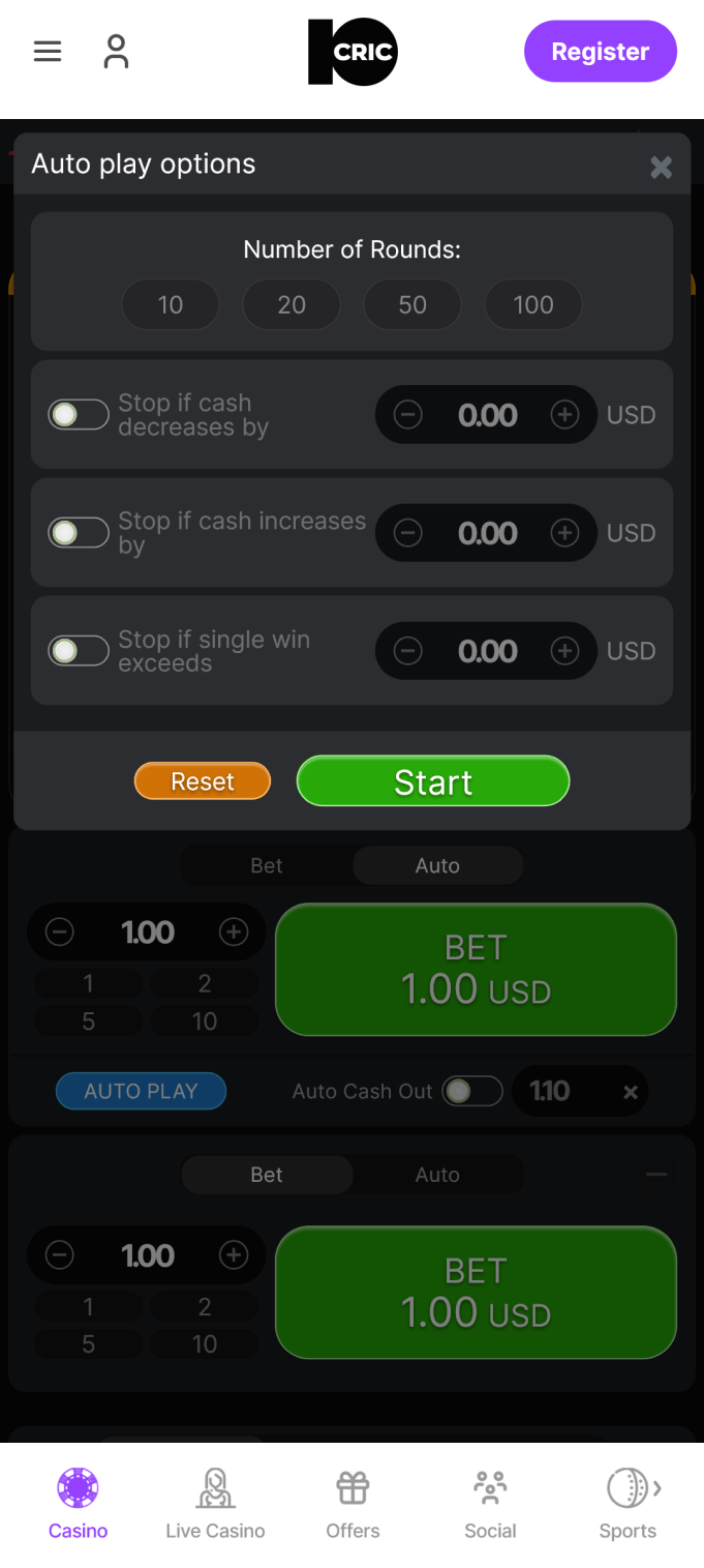 Screenshot of app auto play options in 10cric Aviator app