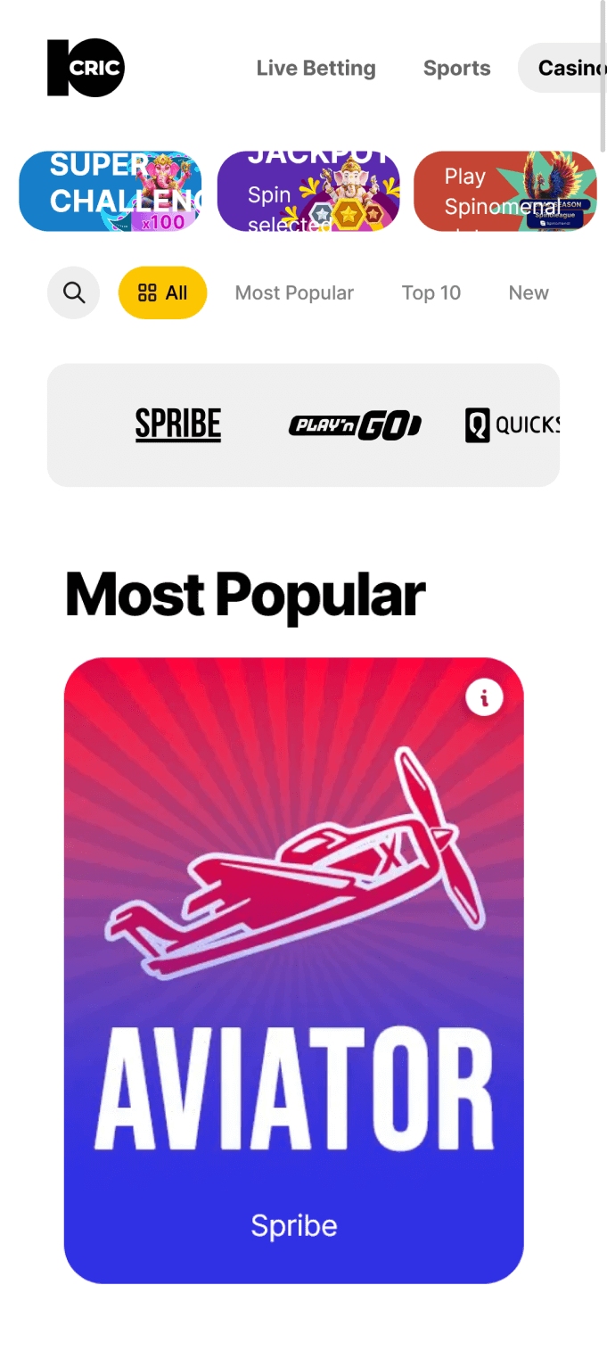 A section of the most popular games in the 10cric Aviator app