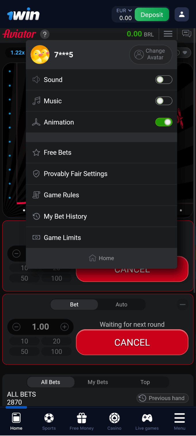 Screenshot of the menu in the 1win Aviator app