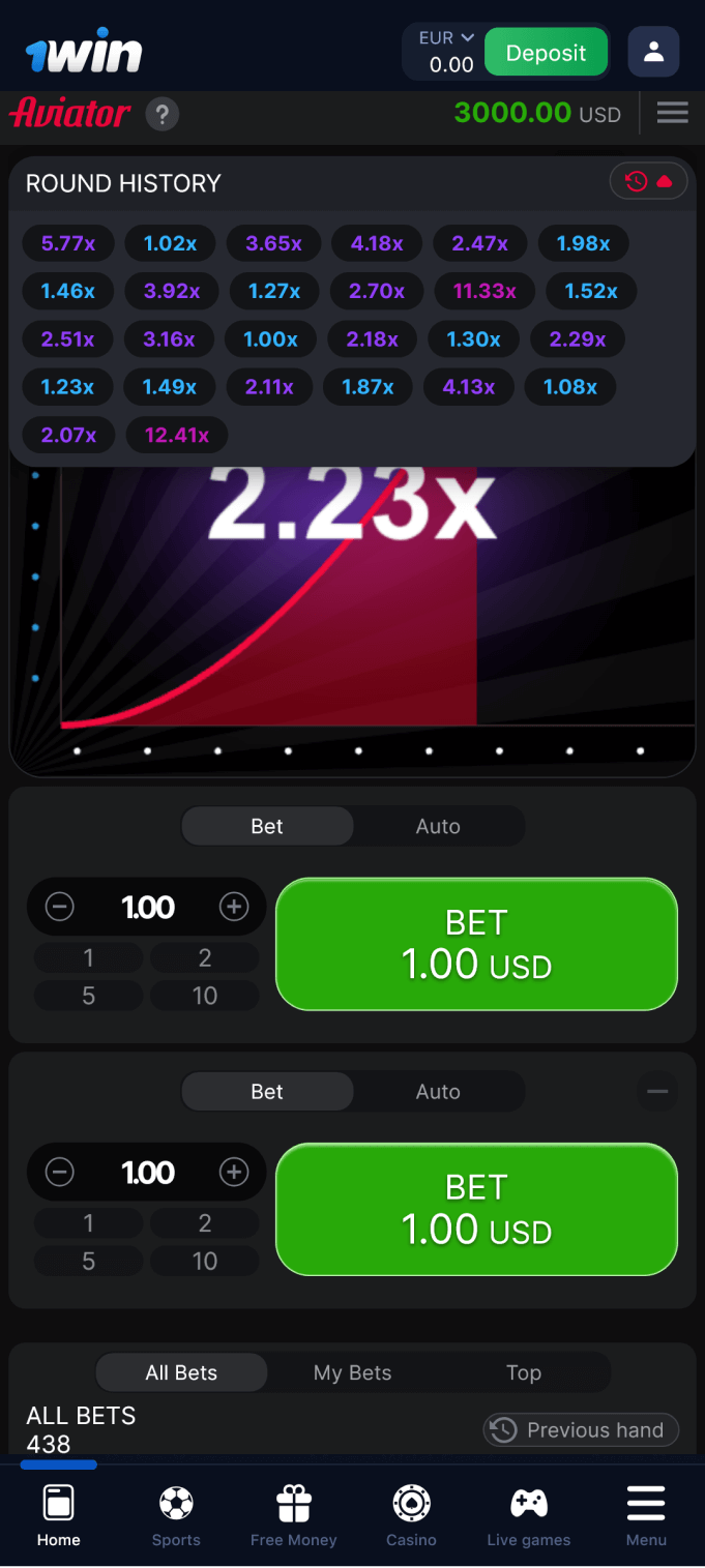 Screenshot of round history in the 1win Aviator app