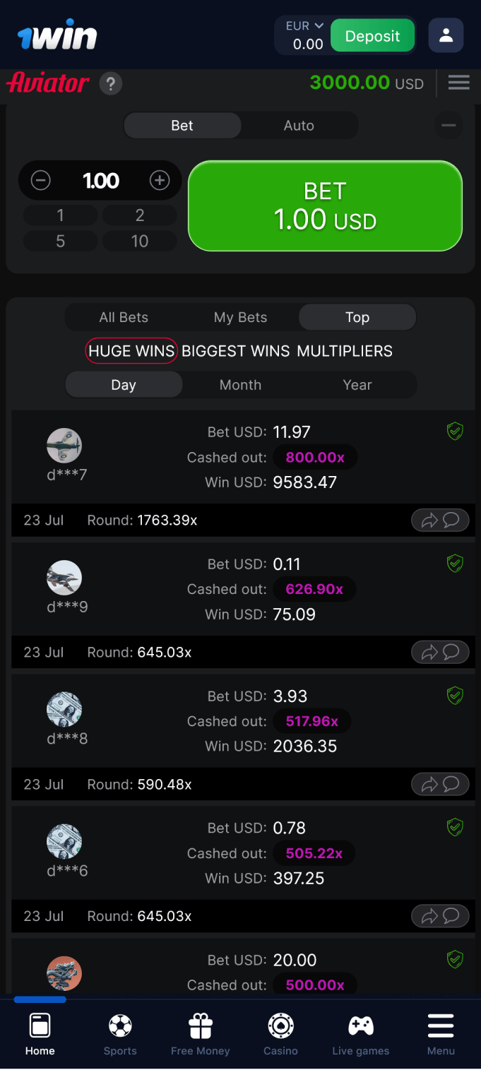 Screenshot of the top winners in the 1win Aviator app