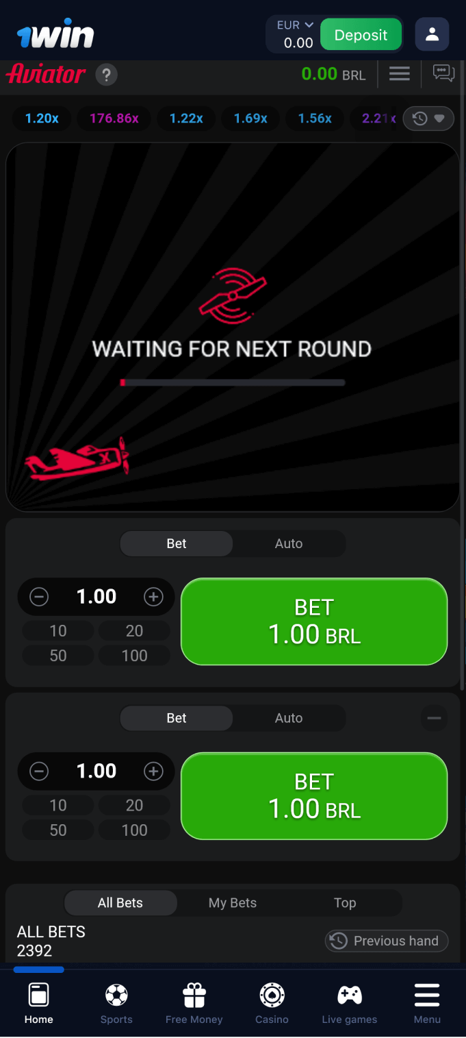 Screenshot of waiting for the next round in the 1win Aviator app