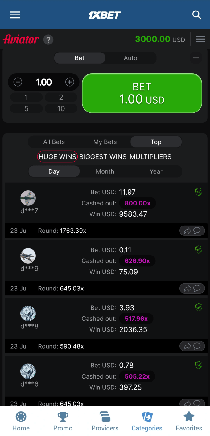 Screenshot of the biggest wins in the 1xbet Aviator app