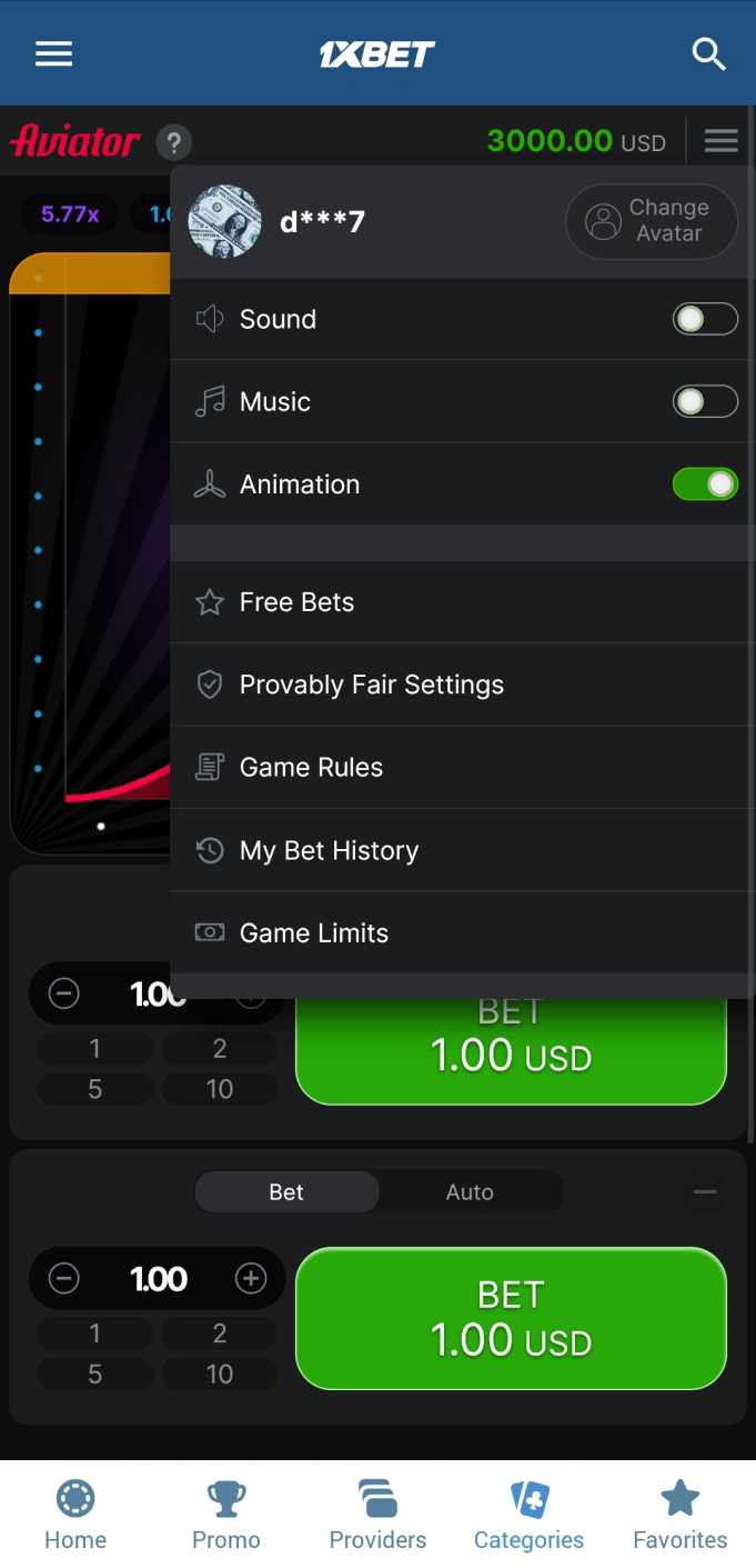 Screenshot of the menu in the 1xbet Aviator app