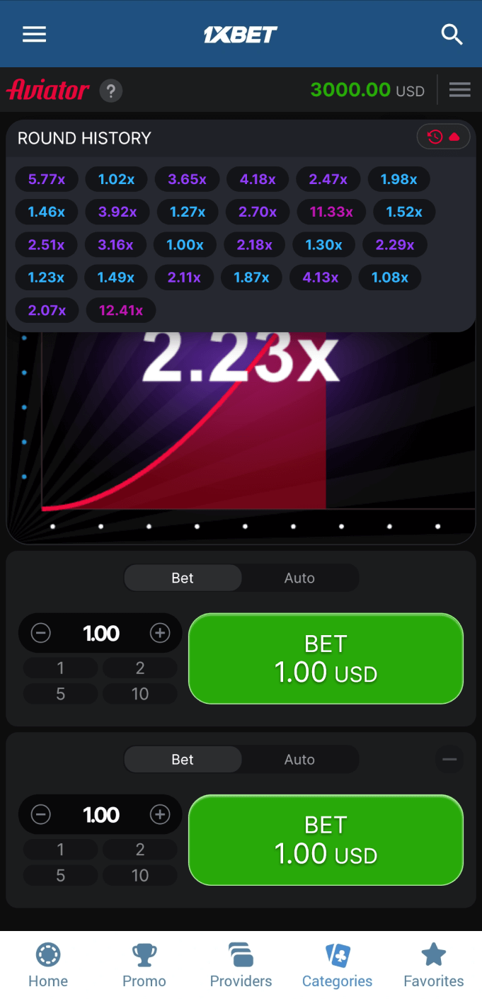 Screenshot of round history in 1xbet Aviator app