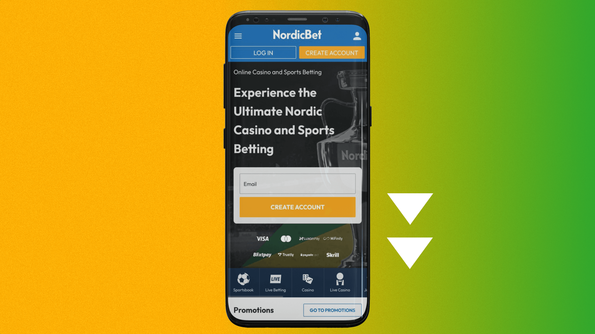 To install NordicBet app on your device you need to open the mobile version of the site and scroll down the page