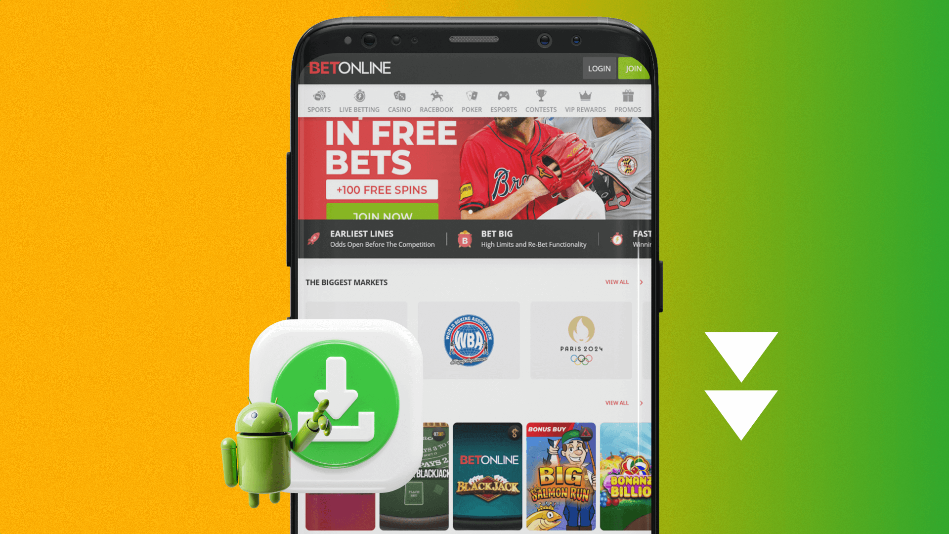 To download the BetOnline app Indian players should go to the casino's mobile site and look for the android icon at the bottom of the page