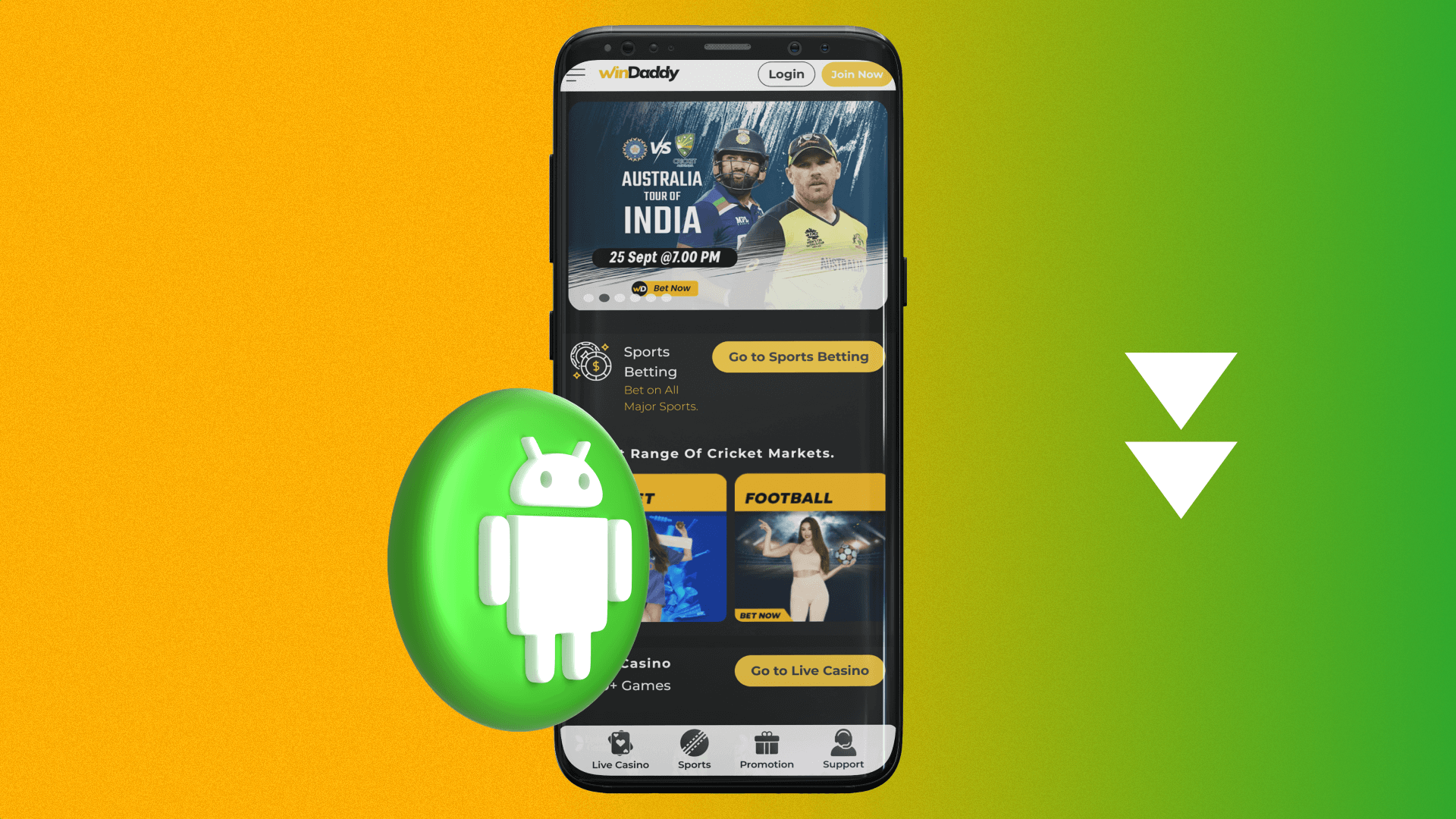 To download the Windaddy app players from India need to go to the mobile site and find the android logo at the bottom of the page